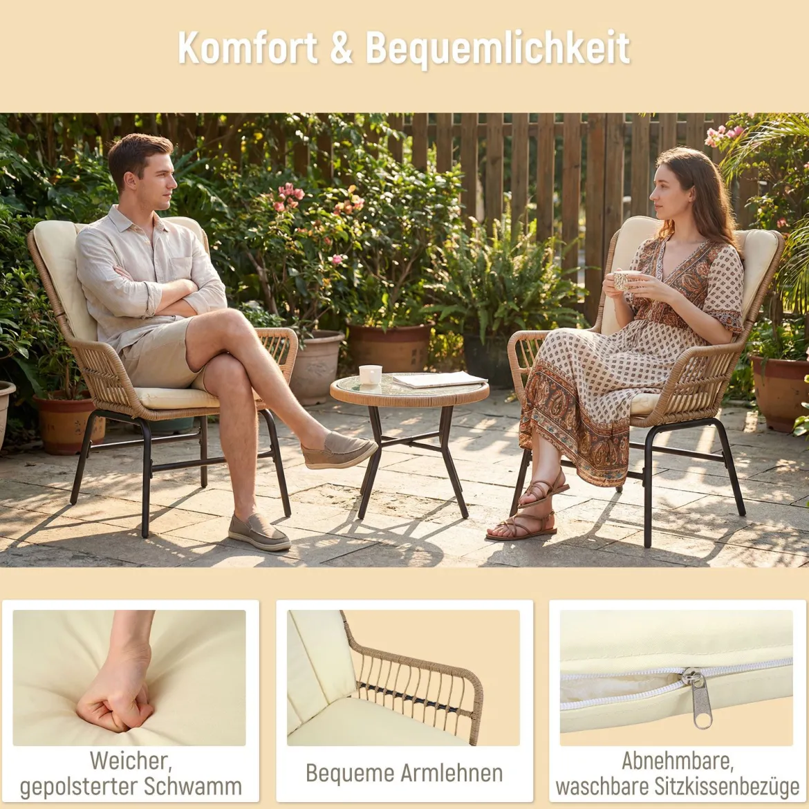 3-teiliges Bistro-Set PE-Rattan Gartenmöbel Set mit Polstern Sitzgruppe mit 2 Stühle & temperiertem Glastisch Beige