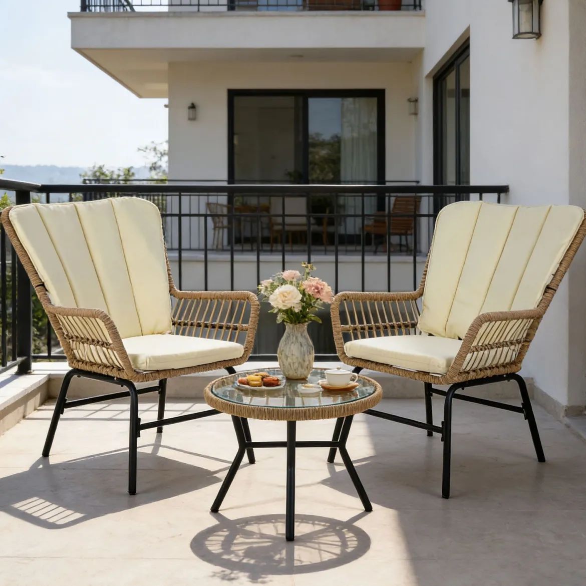 3-teiliges Bistro-Set PE-Rattan Gartenmöbel Set mit Polstern Sitzgruppe mit 2 Stühle & temperiertem Glastisch Beige