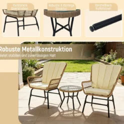 3-teiliges Bistro-Set PE-Rattan Gartenmöbel Set mit Polstern Sitzgruppe mit 2 Stühle & temperiertem Glastisch Beige