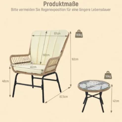 3-teiliges Bistro-Set PE-Rattan Gartenmöbel Set mit Polstern Sitzgruppe mit 2 Stühle & temperiertem Glastisch Beige
