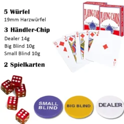 500-teiliges Casino Pokerset mit Chips & Spielkarten & Würfel & Händler-Chips & Tischtuch Silber