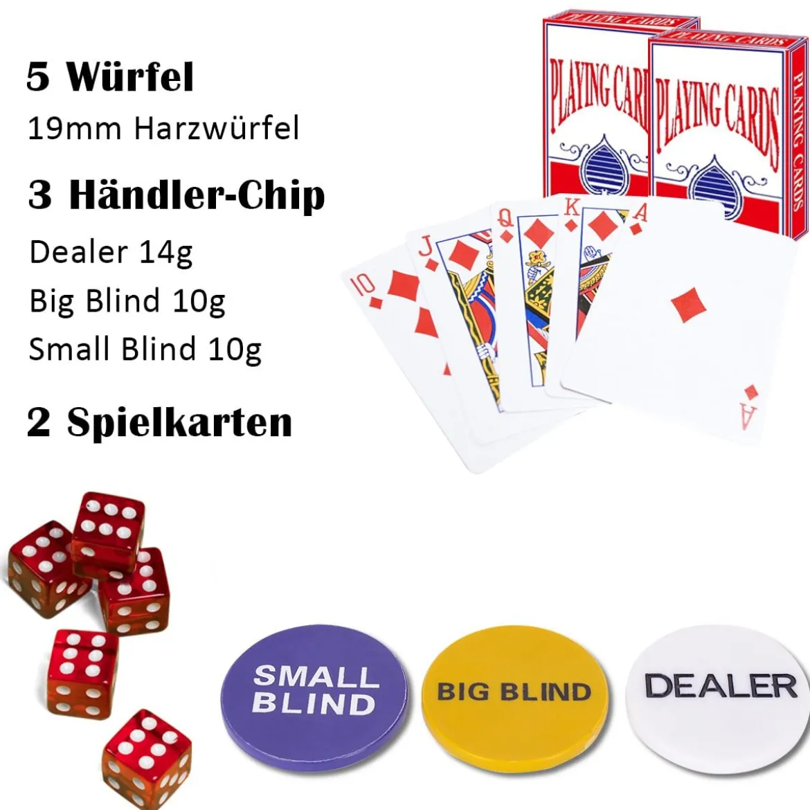 500-teiliges Casino Pokerset mit Chips & Spielkarten & Würfel & Händler-Chips & Tischtuch Silber