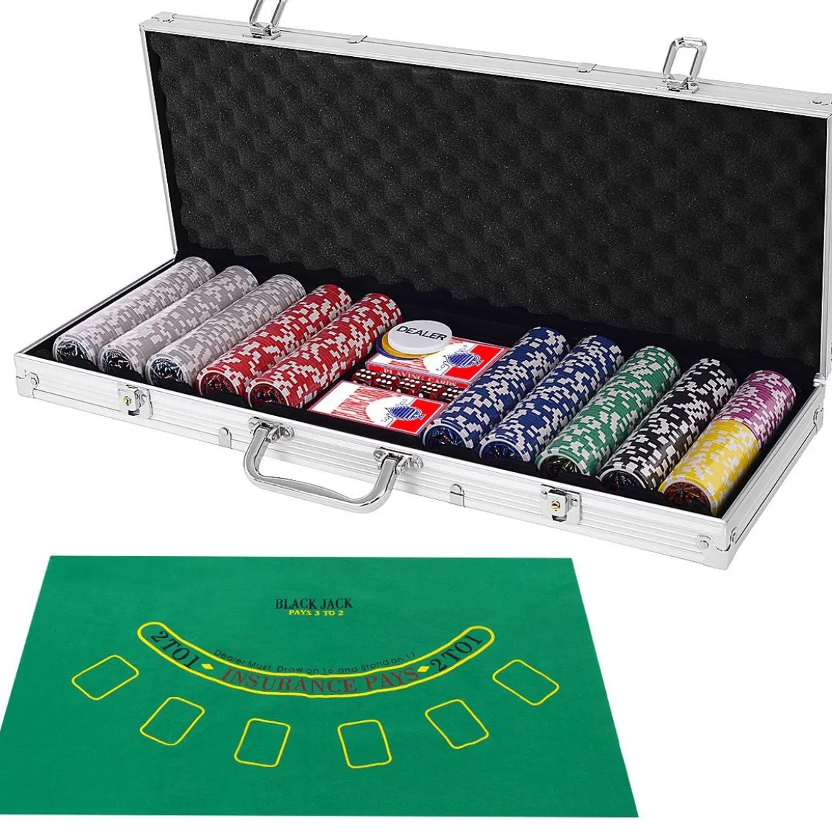 500-teiliges Casino Pokerset mit Chips & Spielkarten & Würfel & Händler-Chips & Tischtuch Silber