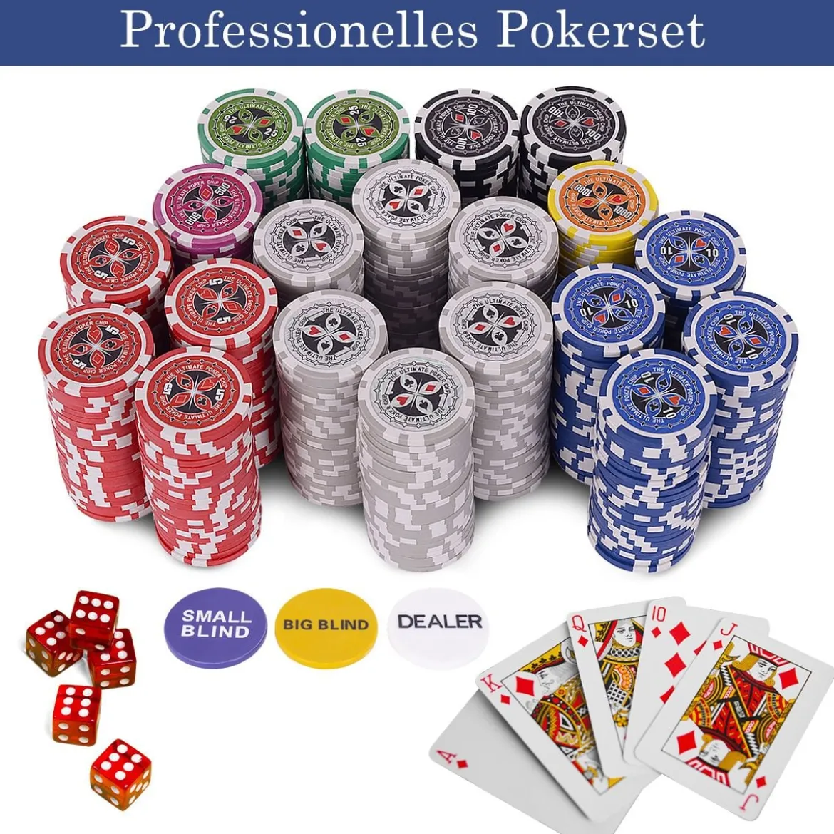 500-teiliges Casino Pokerset mit Chips & Spielkarten & Würfel & Händler-Chips & Tischtuch Silber