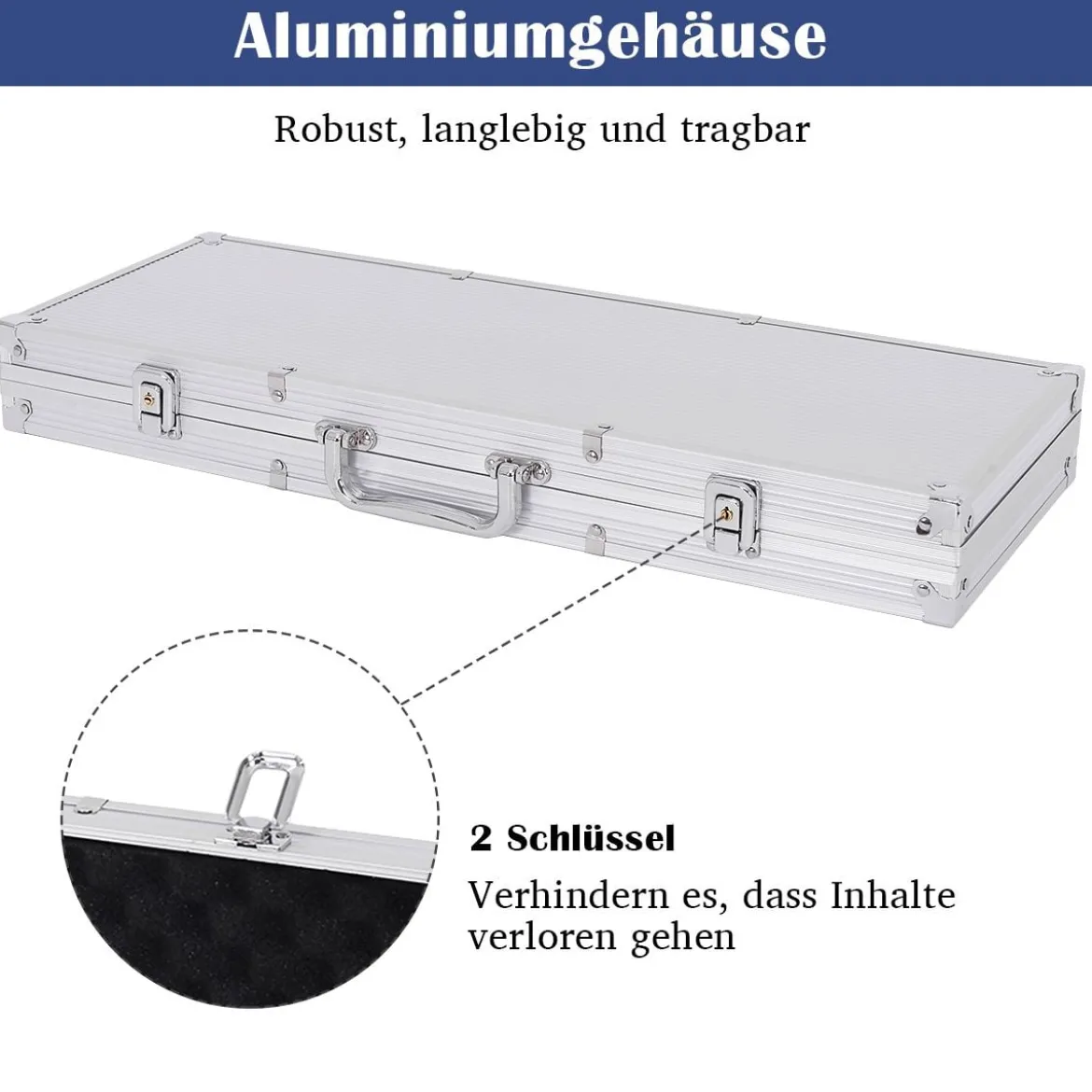 500-teiliges Casino Pokerset mit Chips & Spielkarten & Würfel & Händler-Chips & Tischtuch Silber