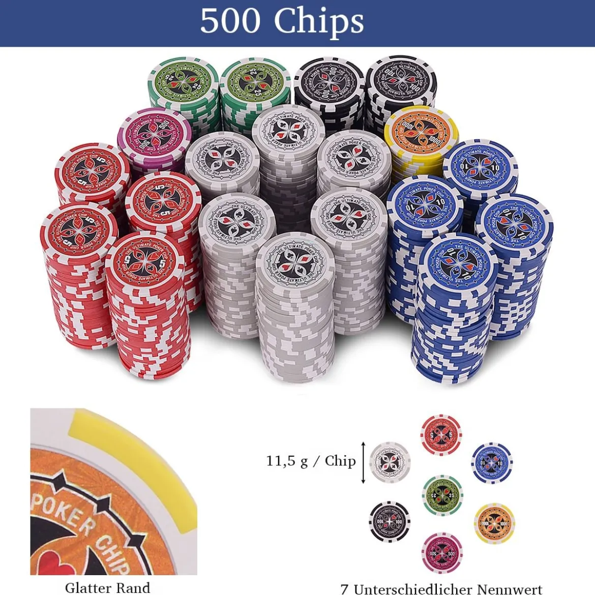 500-teiliges Casino Pokerset mit Chips & Spielkarten & Würfel & Händler-Chips & Tischtuch Schwarz