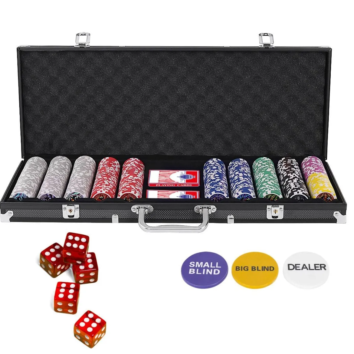 500-teiliges Casino Pokerset mit Chips & Spielkarten & Würfel & Händler-Chips & Tischtuch Schwarz