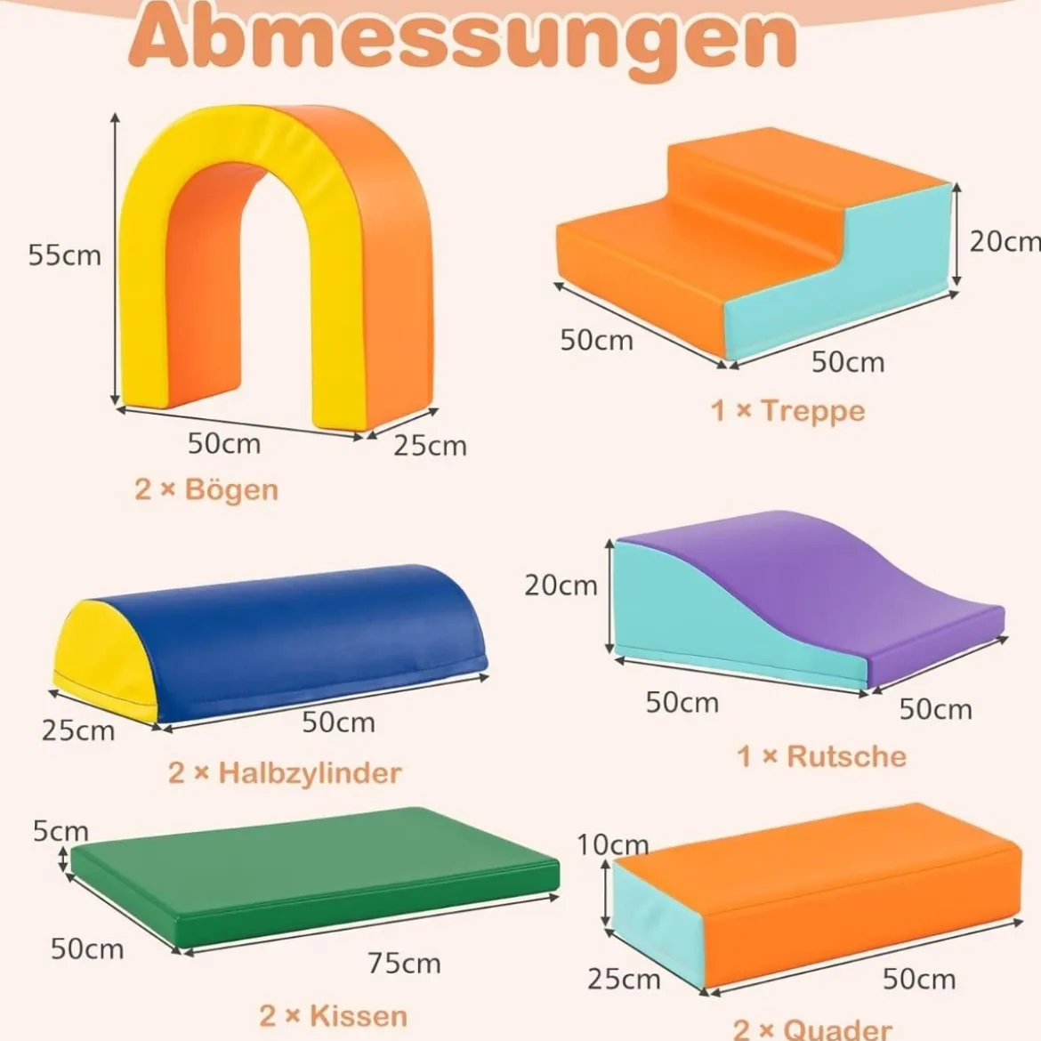 10 Teilige Schaumstoff Bausteine Softbausteine zum Krabbeln Klettern Rutschen, Riesenbausteine Orange