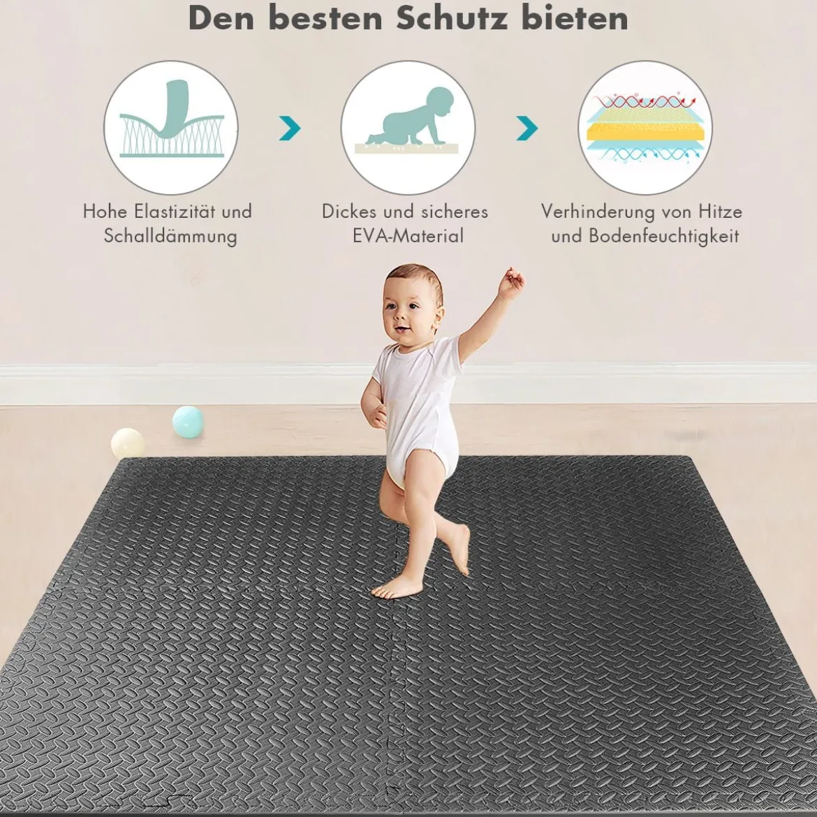 12-teilige Schutzmatte EVA Sportmatte mit Rand Bodenbelag Weichschaum-Puzzleteilmatte Schwarz