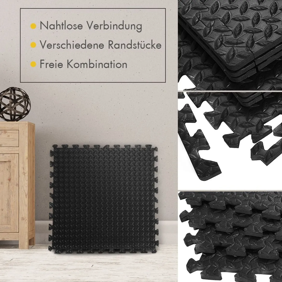 12-teilige Schutzmatte EVA Sportmatte mit Rand Bodenbelag Weichschaum-Puzzleteilmatte Schwarz