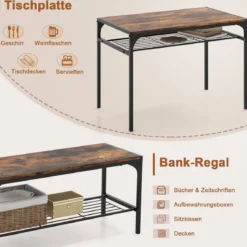 4-teiliges Essgruppen Set Küchentisch mit 2 Stühlen & 1 Bank & Regal Industrie Sitzgruppe Braun