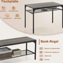 4-teiliges Essgruppen Set Küchentisch mit 2 Stühlen & 1 Bank & Regal Industrie Sitzgruppe Grau