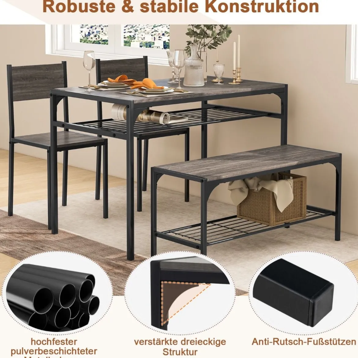 4-teiliges Essgruppen Set Küchentisch mit 2 Stühlen & 1 Bank & Regal Industrie Sitzgruppe Grau