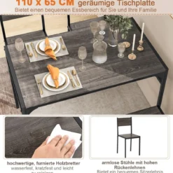 4-teiliges Essgruppen Set Küchentisch mit 2 Stühlen & 1 Bank & Regal Industrie Sitzgruppe Grau