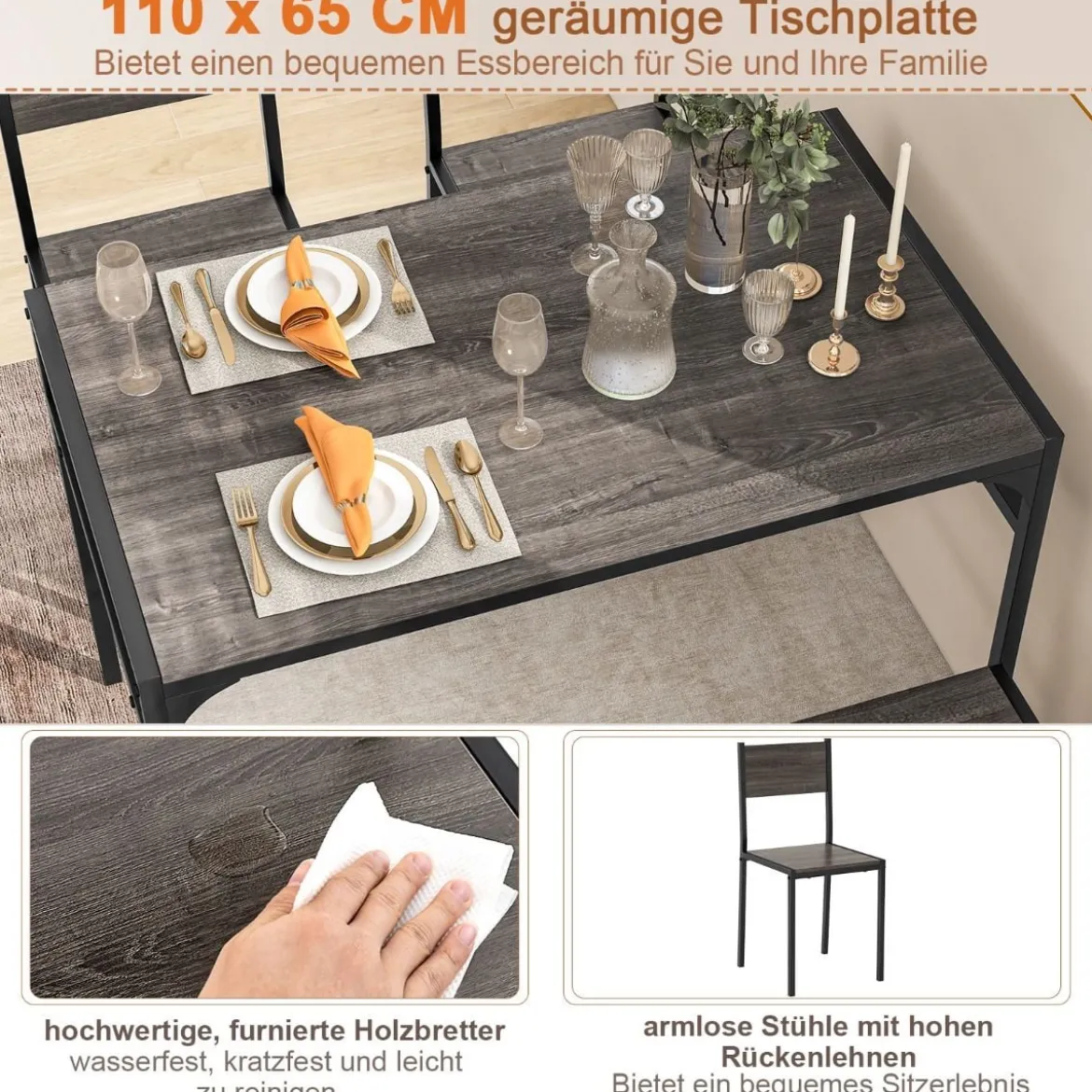 4-teiliges Essgruppen Set Küchentisch mit 2 Stühlen & 1 Bank & Regal Industrie Sitzgruppe Grau