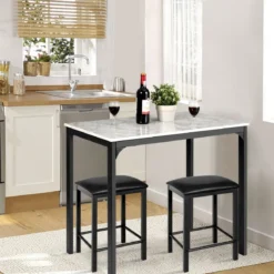 3 teiliges Esstisch Set Bartisch Set mit 2 Gepolsterten Barhockern Metallgestell Weiß