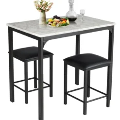 3 teiliges Esstisch Set Bartisch Set mit 2 Gepolsterten Barhockern Metallgestell Weiß