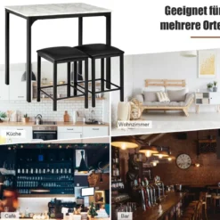 3 teiliges Esstisch Set Bartisch Set mit 2 Gepolsterten Barhockern Metallgestell Weiß