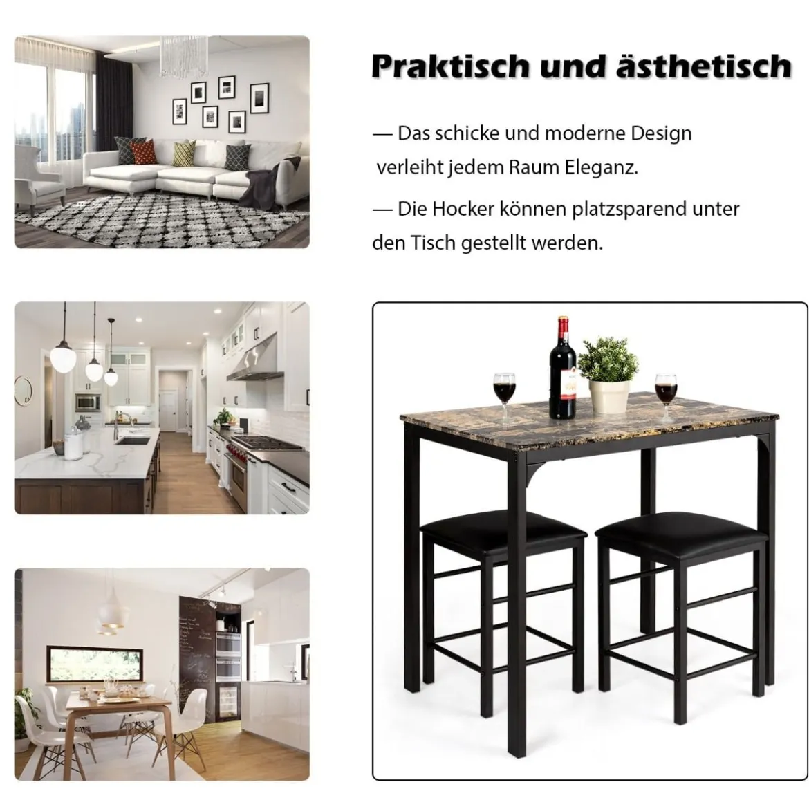 3 teiliges Esstisch Set Bartisch Set mit 2 Gepolsterten Barhockern Metallgestell Braun