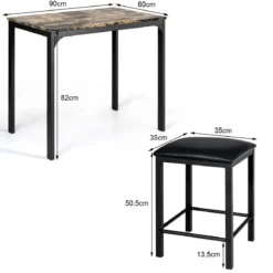 3 teiliges Esstisch Set Bartisch Set mit 2 Gepolsterten Barhockern Metallgestell Braun