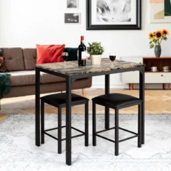 3 teiliges Esstisch Set Bartisch Set mit 2 Gepolsterten Barhockern Metallgestell Braun