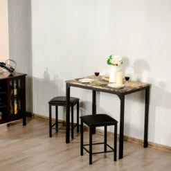 3 teiliges Esstisch Set Bartisch Set mit 2 Gepolsterten Barhockern Metallgestell Braun