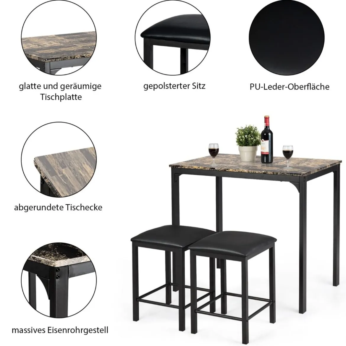 3 teiliges Esstisch Set Bartisch Set mit 2 Gepolsterten Barhockern Metallgestell Braun