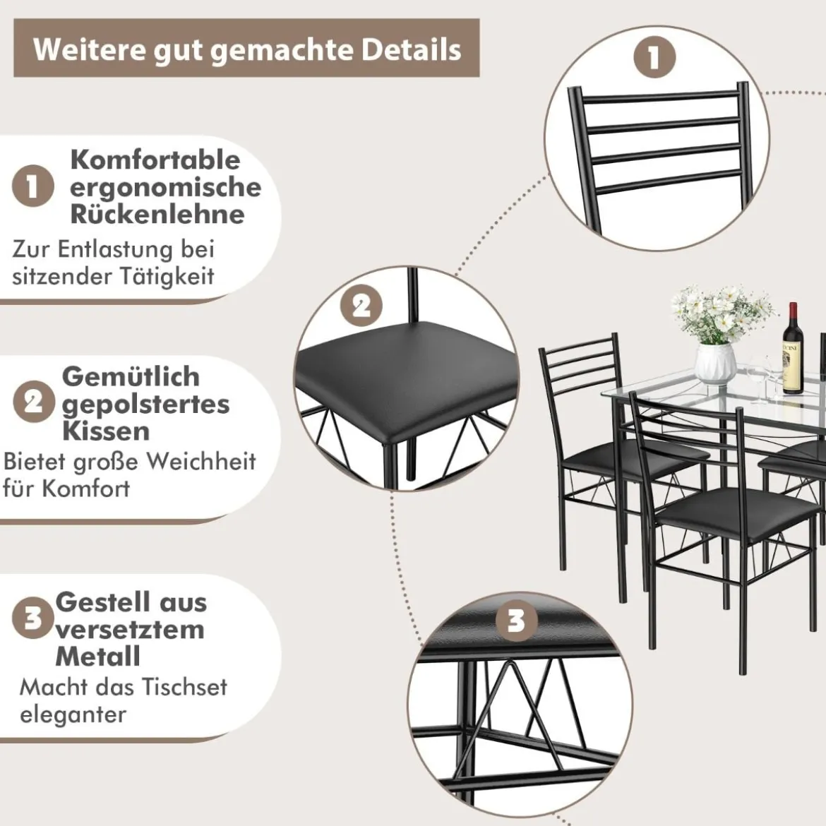 5-teiliges Esstisch-Set Esstisch mit Glasplatte Essgruppe mit Gepolstertem Stuhl Schwarz