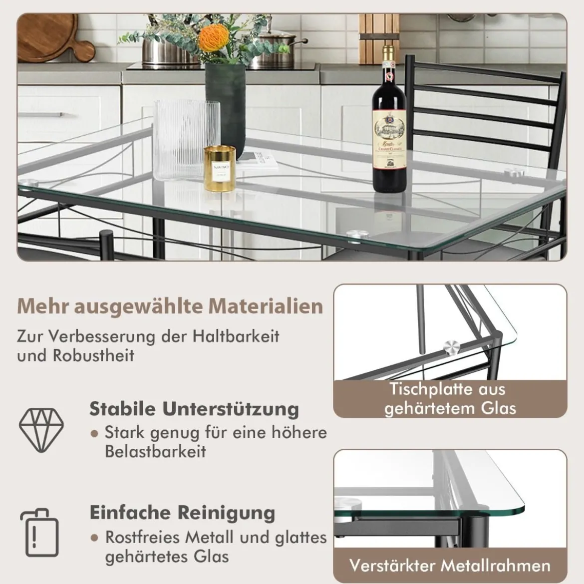 5-teiliges Esstisch-Set Esstisch mit Glasplatte Essgruppe mit Gepolstertem Stuhl Schwarz