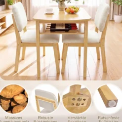 3-teiliges Esstisch Set für 2 Personen Essgruppe aus Holz mit Rutschfesten Fußpolstern Beige+Natur