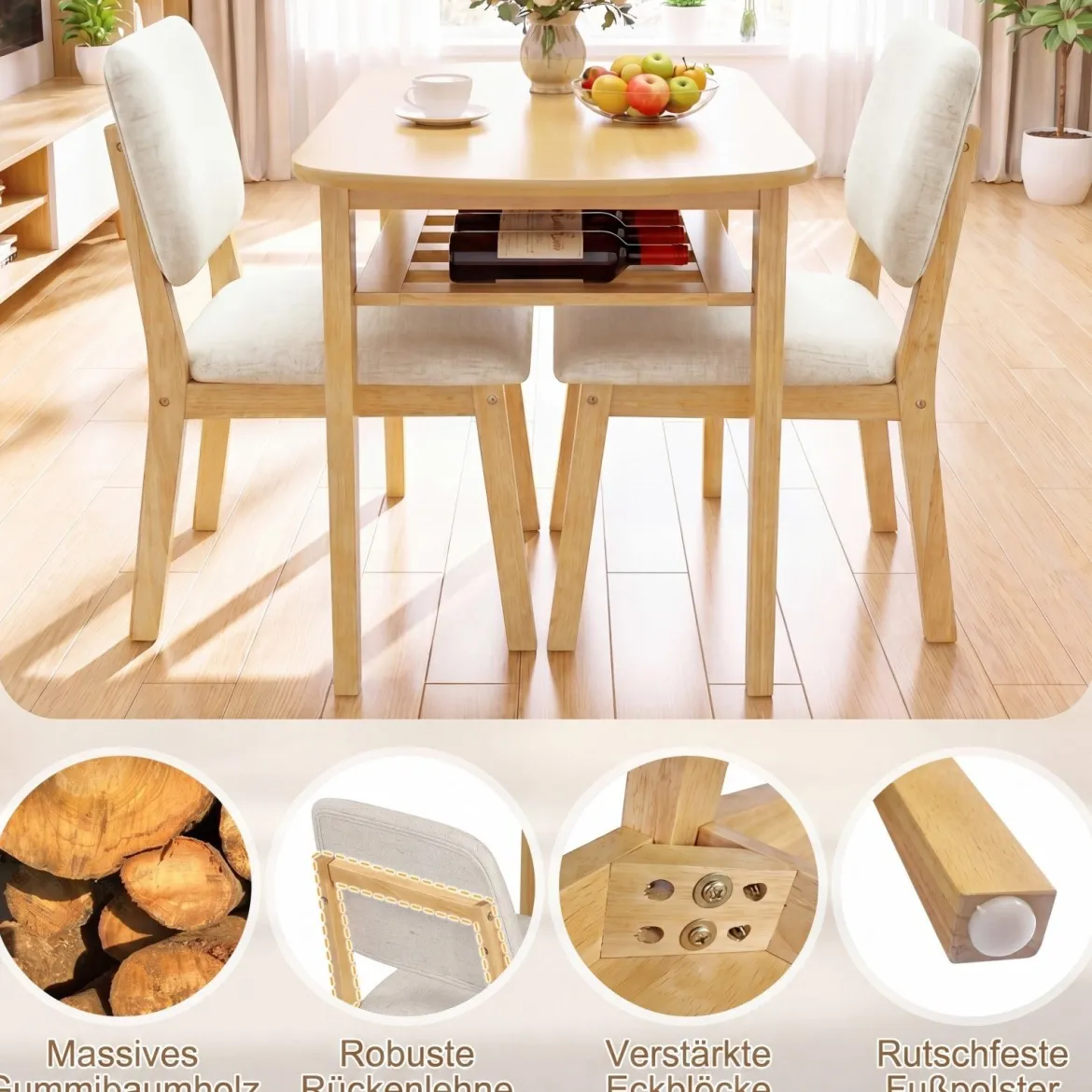 3-teiliges Esstisch Set für 2 Personen Essgruppe aus Holz mit Rutschfesten Fußpolstern Beige+Natur