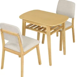 3-teiliges Esstisch Set für 2 Personen Essgruppe aus Holz mit Rutschfesten Fußpolstern Beige+Natur