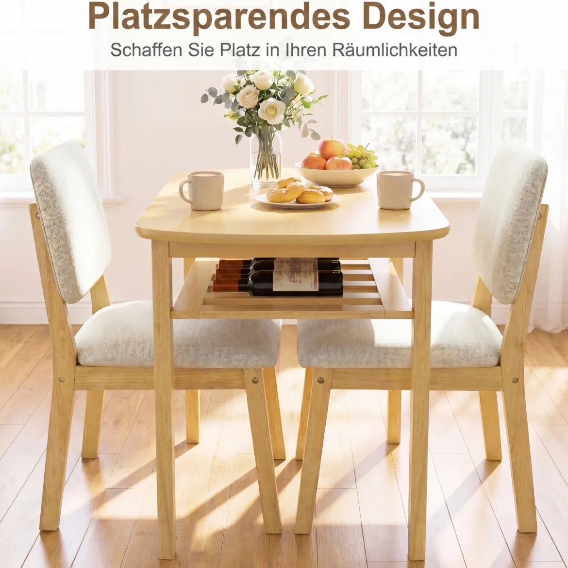 3-teiliges Esstisch Set für 2 Personen Essgruppe aus Holz mit Rutschfesten Fußpolstern Beige+Natur