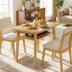3-teiliges Esstisch Set für 2 Personen Essgruppe aus Holz mit Rutschfesten Fußpolstern Beige+Natur