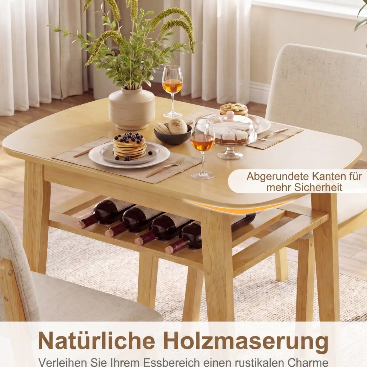 3-teiliges Esstisch Set für 2 Personen Essgruppe aus Holz mit Rutschfesten Fußpolstern Beige+Natur