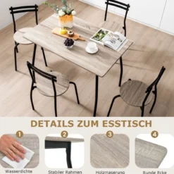 5 teiliges Esstisch-Set für 4 Personen rechteckiger Esszimmertisch und 4 Stühle Metallgestell Sitzgruppe platzsparend