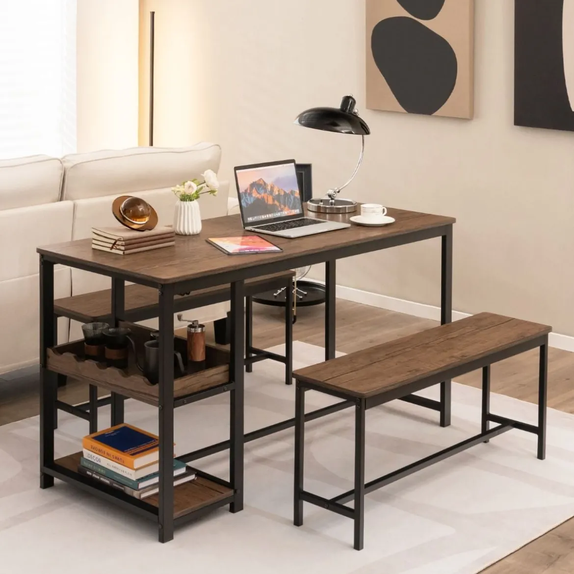 3-teiliges Esstisch Set für 4 Personen mit 2 Bänke & Glashalter & Weinregal Kaffee+Schwarz
