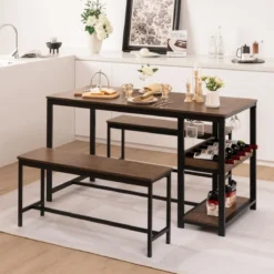 3-teiliges Esstisch Set für 4 Personen mit 2 Bänke & Glashalter & Weinregal Kaffee+Schwarz