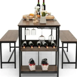 3-teiliges Esstisch Set für 4 Personen mit 2 Bänke & Glashalter & Weinregal Kaffee+Schwarz