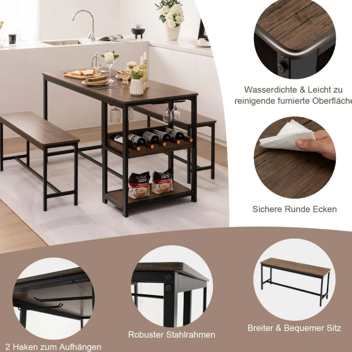 3-teiliges Esstisch Set für 4 Personen mit 2 Bänke & Glashalter & Weinregal Kaffee+Schwarz