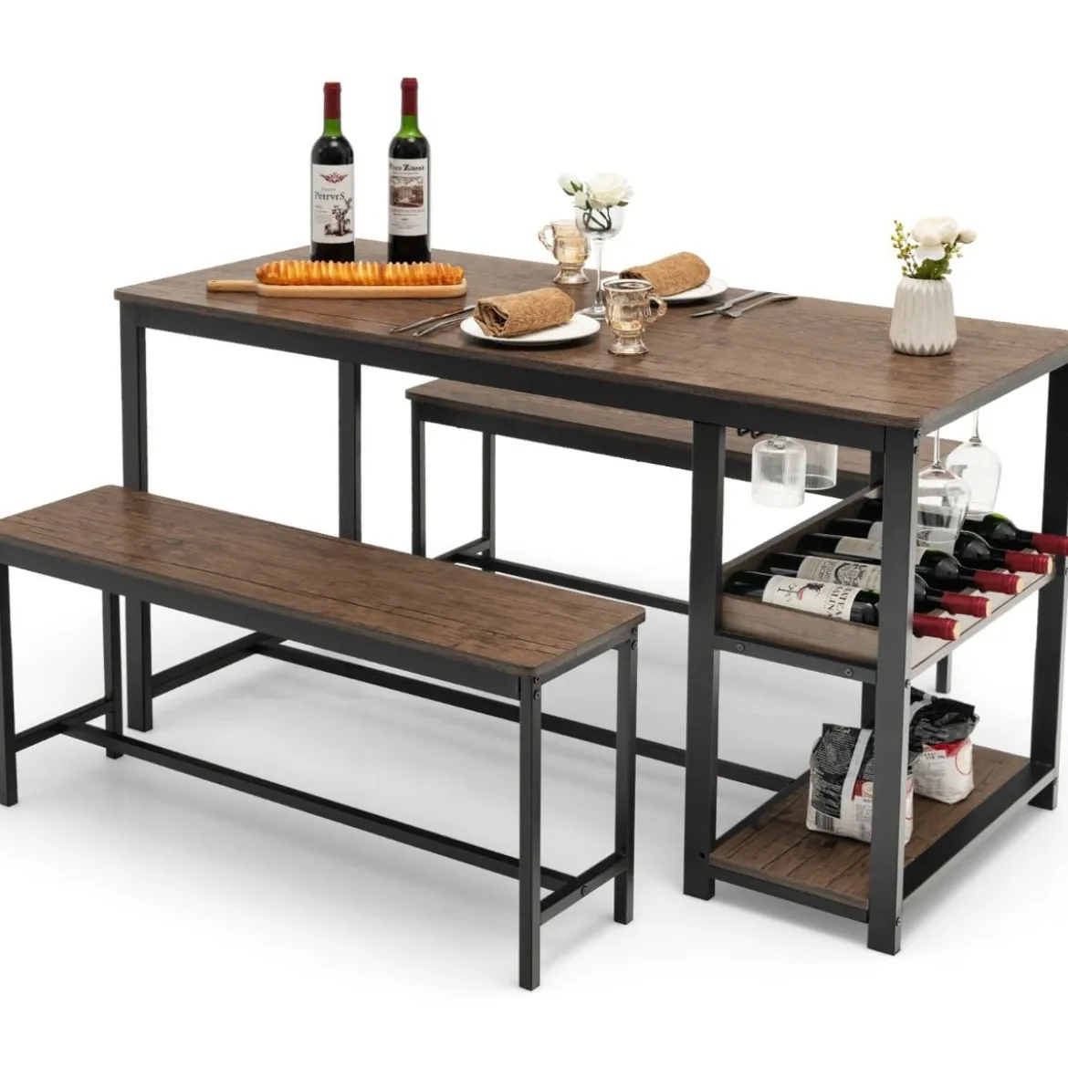3-teiliges Esstisch Set für 4 Personen mit 2 Bänke & Glashalter & Weinregal Kaffee+Schwarz