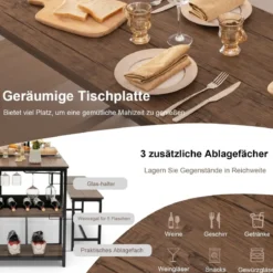 3-teiliges Esstisch Set für 4 Personen mit 2 Bänke & Glashalter & Weinregal Kaffee+Schwarz