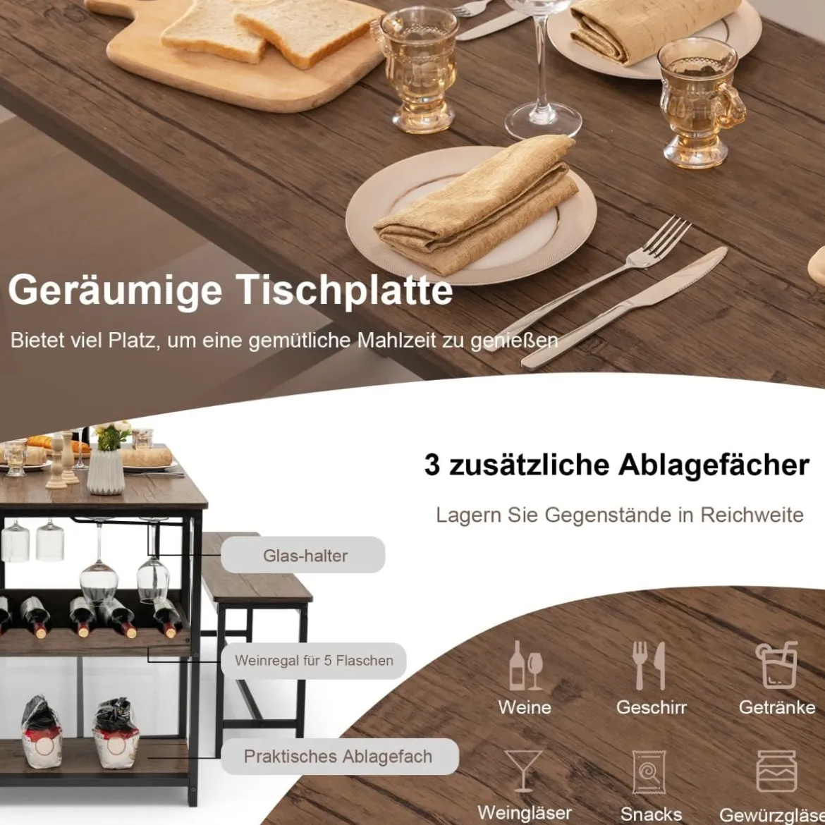 3-teiliges Esstisch Set für 4 Personen mit 2 Bänke & Glashalter & Weinregal Kaffee+Schwarz
