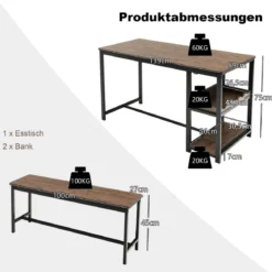 3-teiliges Esstisch Set für 4 Personen mit 2 Bänke & Glashalter & Weinregal Kaffee+Schwarz