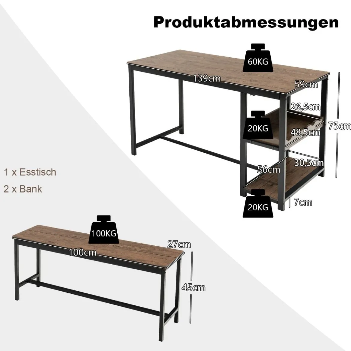 3-teiliges Esstisch Set für 4 Personen mit 2 Bänke & Glashalter & Weinregal Kaffee+Schwarz