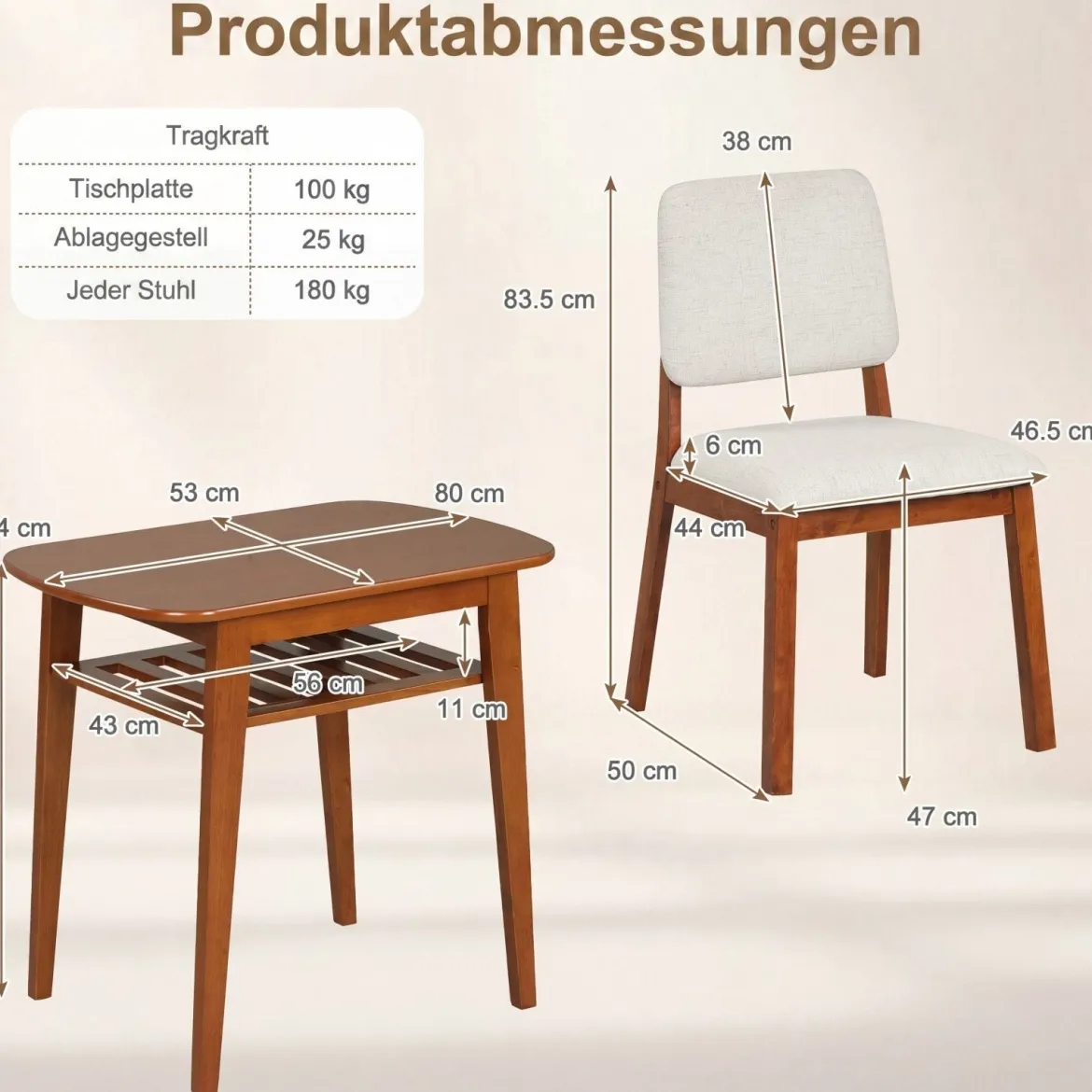 3-teiliges Esstisch Set für 2 Personen Essgruppe aus Holz mit Rutschfesten Fußpolstern Beige+Kirsche