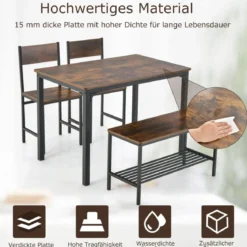 4-teiliges Esstisch Set Küchentisch mit 2 Stühlen & 1 Bank & Regal Industrie Essgruppe