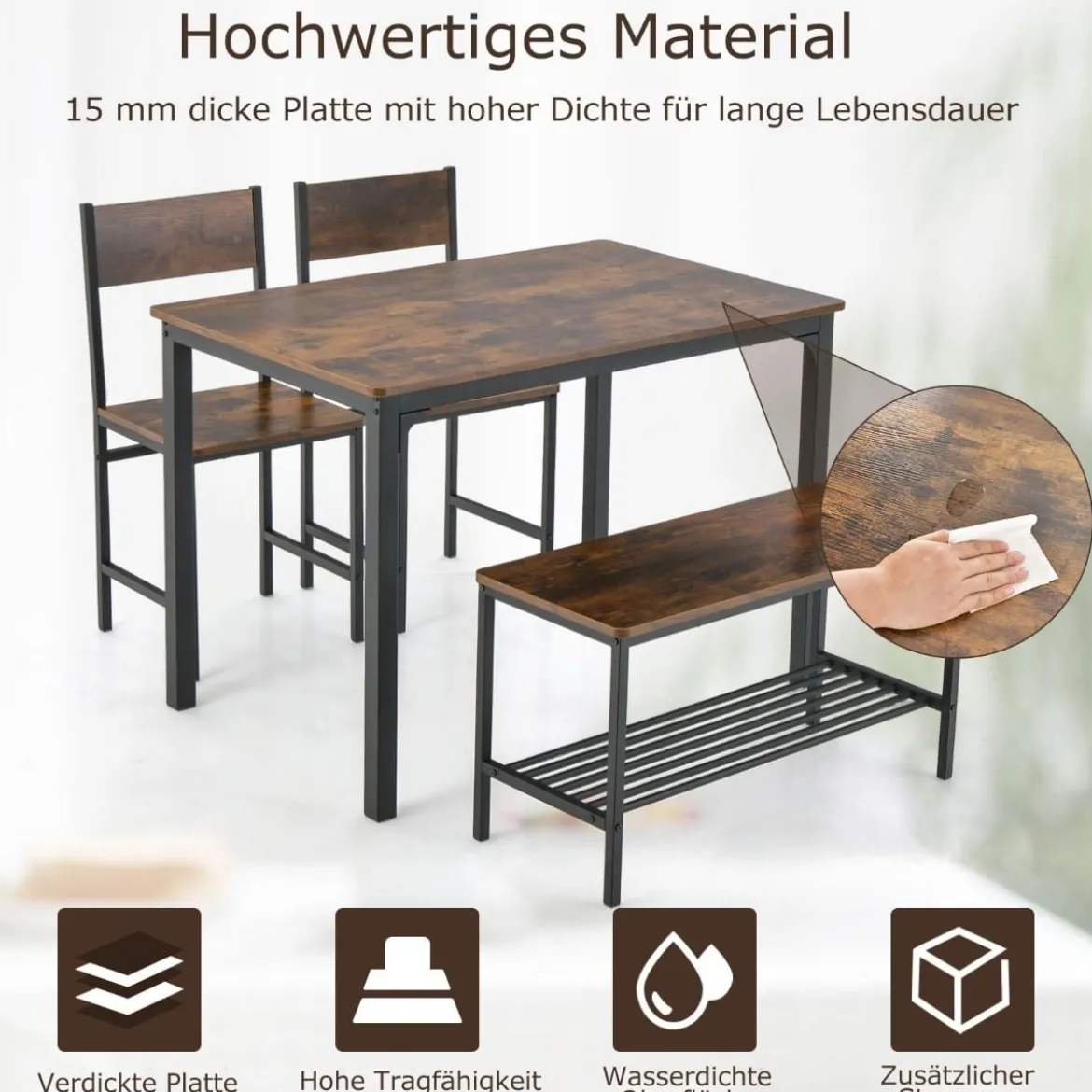 4-teiliges Esstisch Set Küchentisch mit 2 Stühlen & 1 Bank & Regal Industrie Essgruppe