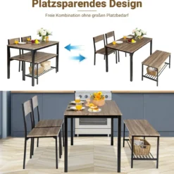 4-teiliges Esstisch Set Küchentisch mit 2 Stühlen & 1 Bank & Regal Industrie Essgruppe Grau
