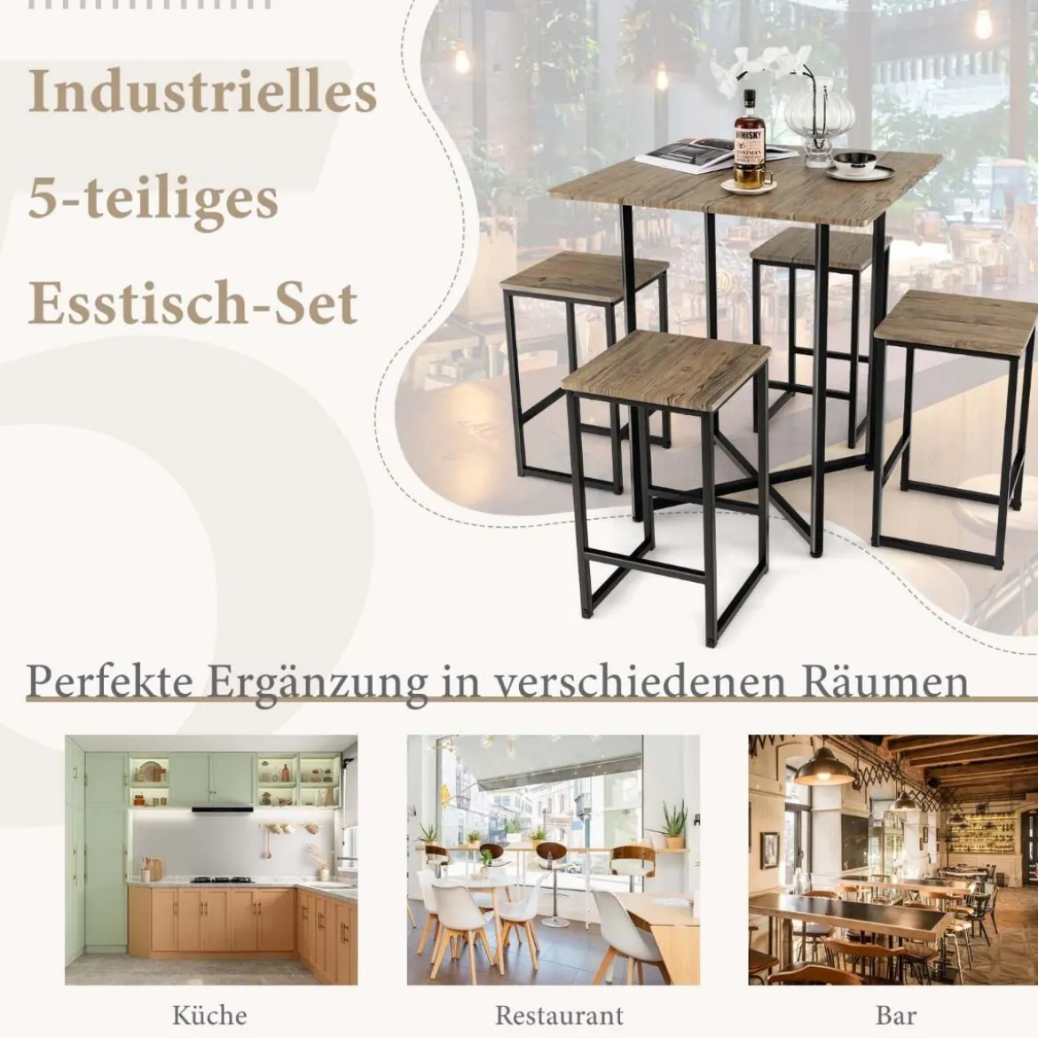 5-Teiliges Esstisch-Set Küchentisch mit 4 Hockern